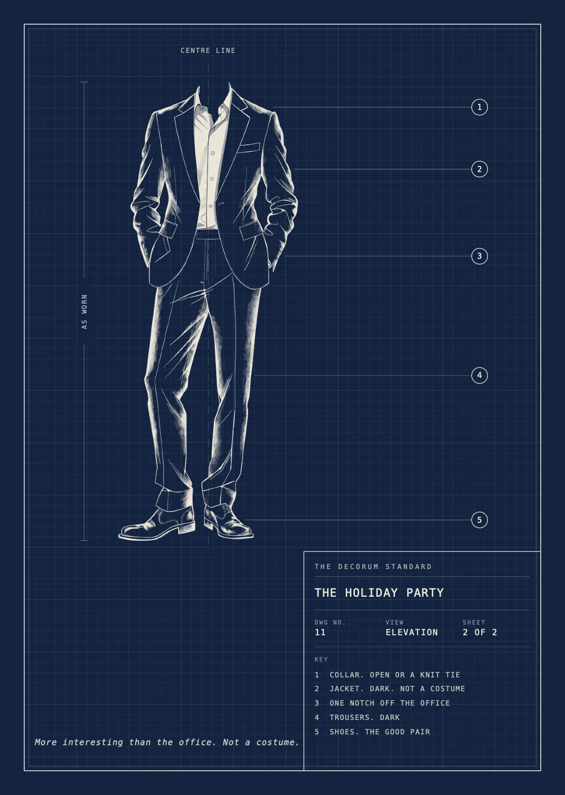 Elevation for the holiday party, showing what to wear, annotated.